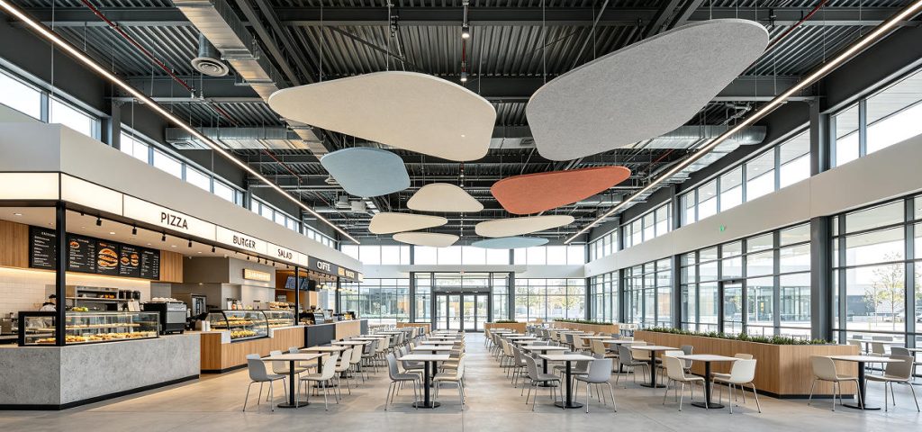 suspended wood wool acoustic clouds