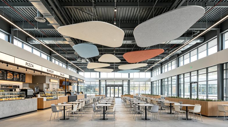 suspended wood wool acoustic clouds
